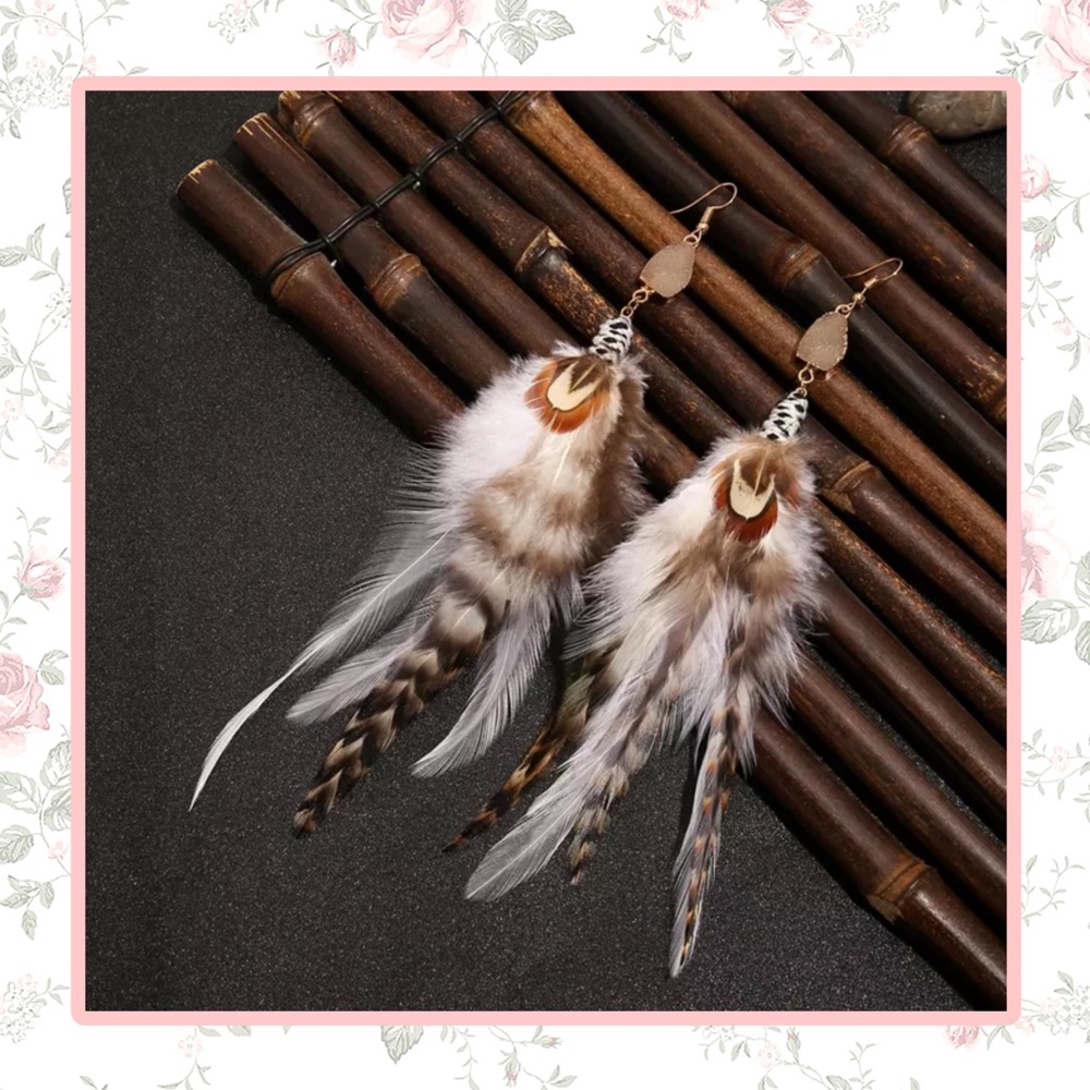 🌺 BOHO FEATHER EARRINGS DRUZY BEAD TRIBAL GYPSY CHIC BOHEMIAN CREAM DANDLE DROP